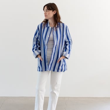 Vintage Blue White Striped Shirt Jacket | Unisex Flannel Stripe Cotton Pajama Chore Shop Coat | L | SJ042 