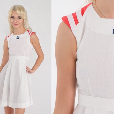 70s Nautical Dress White Anchor Dress Semi-Sheer Mini Red Striped Embroidered Sailor Fit and Flare Empire Waist Vintage 1970s 2xs xxs 