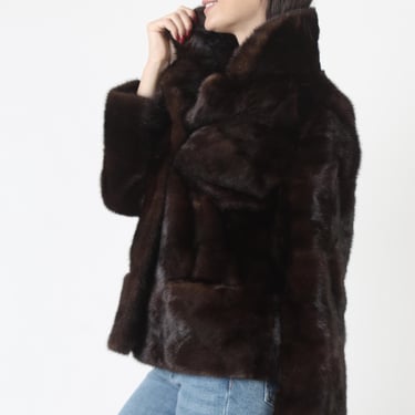 Cropped Dark Mahogany Mink Jacket, I. Magnin Short Fur Coat, Wedding Bridal Overcoat M L 