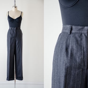 high waisted pants | 80s 90s plus size vintage David N. charcoal gray striped pinstripe dark academia wool trousers 