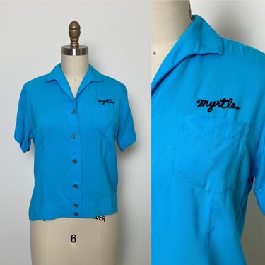 Vintage 1950s Bowling Shirt 50s Rayon Blouse Myrtle Blue and Black 