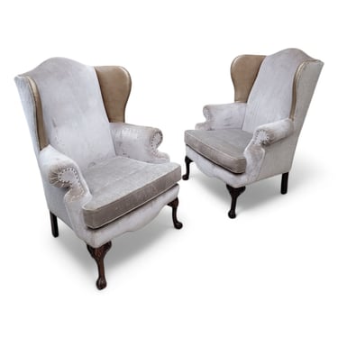 Vintage Queen Anne Style Wingback Lounge Chairs in Velvet,  Chenille and Leather- Pair