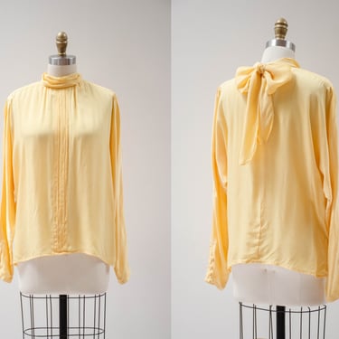 yellow silk blouse | 80s 90s vintage pale pastel yellow bow tie neck high collar blouse 