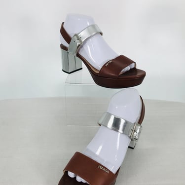 Prada Ankle Strap Open Toe Platform Sandals Silver Lamé 39