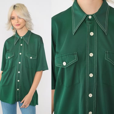 70s Dark Green Shirt Button Up Collared Shirt Topstitch Dagger Collar Retro Short Sleeve Plain Pocket Vintage 1970s Men's Large 16-16 1/2 