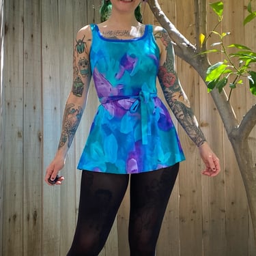 Vintage 1980’s Blue Floral One Piece Swimsuit with Skirt 