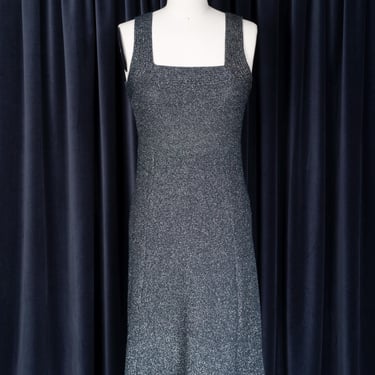 Beautiful 1970s Metallic Silver and Black Knit Tank Dress with Square Neck 