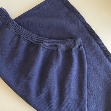 Navy Cotton Knit USA Made Elastic Waist Midi Skirt 