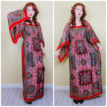 1970s Vintage Acetate Pink Bandana Dress / 70s Angel Sleeve Smocked Waist Maxi Gown / One Size 