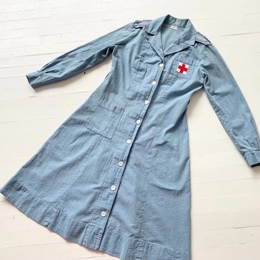 1940s WWII Blue Seersucker Cotton Red Cross Uniform Dress 