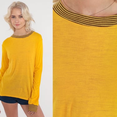 Bright Yellow T Shirt 70s Ringer Tee Shirt Vintage Crewneck Shirt Striped Single Stitch Shirt Tee 1970s T Shirt Long Sleeve Small 
