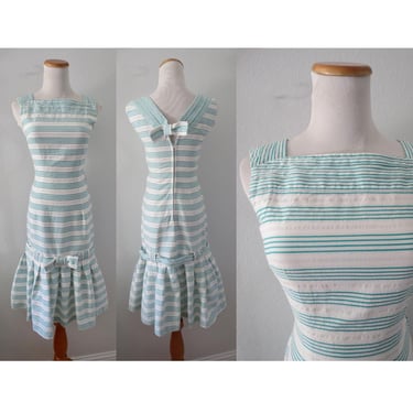 Vintage 50s 60s Striped Dress - Drop Waist Green White Stripe Sundress - Bow Back - Sleeveless Square Neck Party Dress - Size XS 