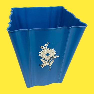 Vintage Wastebasket Retro 1960s Mid Century Modern + Schwarz Brothers + Blue Plastic + White Flower + Trashcan + MCM Bathroom Decor Storage 