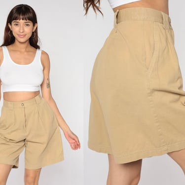 90s Khaki Shorts Pleated Trouser Shorts Tan Retro Wide Leg Shorts Baggy High Waisted Bermuda Shorts Summer Basic Vintage 1990s Small 