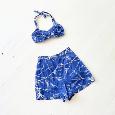 1940s Printed Blue Two Piece Swimsuit Set 