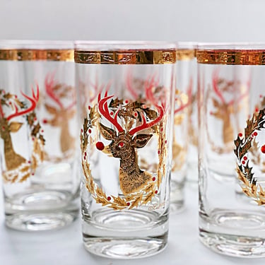 Culver jeweled glasses Rudolph highball glasses Gold & red Christmas cocktail glasses Vintage holiday glassware 