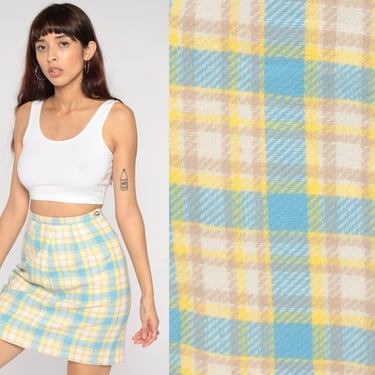 Plaid Pencil Skirt 60s Mod Mini Skirt Yellow Blue Checkered High Waisted Wiggle Retro Fitted Girly Chic Pastel Secretary Vintage 1960s Small 