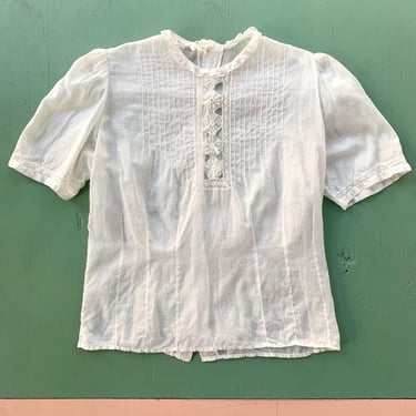 1930s White Cotton Blouse with Lace Inserts - Size S