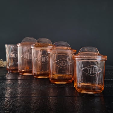 French Art Deco Pink Glass Spice Canisters Set, 5 Kitchen Jars for Sugar, Flour, Coffee, Salt and Tea,  Rare French Storage 