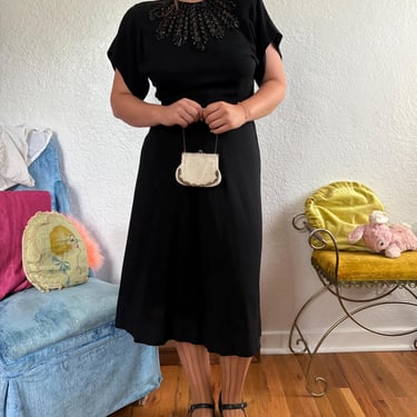 1940s Black Crepe Dress with Sequin Cut-Out Neckline size Medium Large 