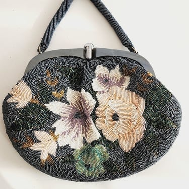 50s Beaded Handbag w-Top Handle, Gray Metallic Hematite Floral Design 