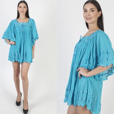 Turquoise Cotton Gauze Micro Mini Dress, Teal Mexican Crochet Kimono Sleeves, Sheer Vacation Cover Up 