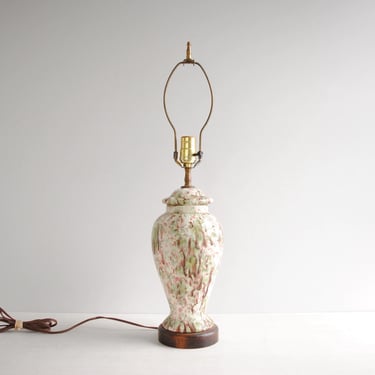Vintage Ceramic Table Lamp in White, Green, and Brown Drip Glaze 