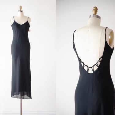 long black slip dress | 90s y2k vintage bias cut low back minimalist spaghetti strap maxi dress gown 