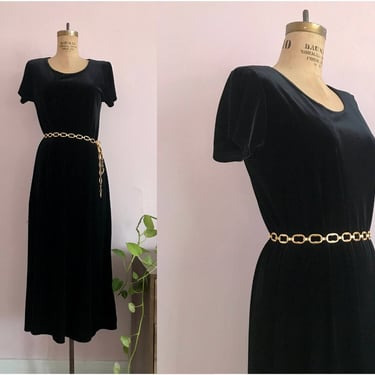1990's Size Large Black Velvet Midi Dress 