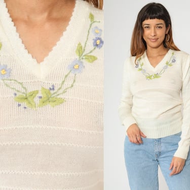 Vintage Embroidered Floral Sweater 80s Semi-Sheer Cream Puff Sleeve Sweater V Neck Boho Knit 70s Pullover Hipster Jumper Bohemian Small 