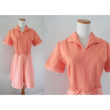 Vintage 60s Mod Dress - 1960s Era Pastel Peach Orange Scooter Mini Dress - Size Large 