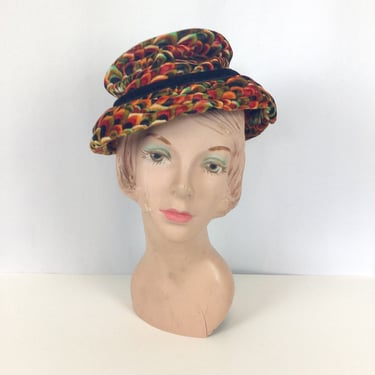 Vintage 60s hat | Vintage orange feather print hat  | 1960s velvet bucket hat 