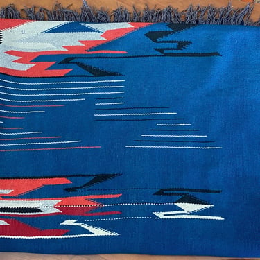 Huge Vintage Blue Chimayo Southwest Rug Blanket 