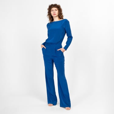 Small Y2K Diane Von Furstenberg Blue Silk Jumpsuit | Vintage Long Sleeve Straight Leg Pantsuit 