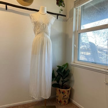 Vintage 1970s White Semi Sheer Satin Lace Top Maxi Slip Dress Size Medium 