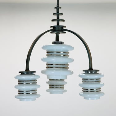 Mid century Bauhaus Italian chandelier chrome & opal glass 1950s 