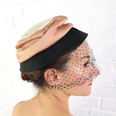 1950s Brown Black Satin Hat | 50s  Creme Taupe & Black Satin Hat 