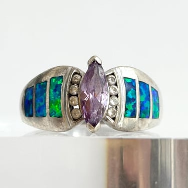 Amethyst Marquise Cut & Natural Abalone Inlaid Tapered Shank Sterling Silver Vintage Ring - sz 8 