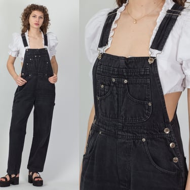 90s Black Cotton Denim Overalls - Medium | Vintage Women's Bib Workwear Dungarees 
