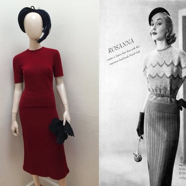 She Was Hotter Than She Thought - Vintage 1950s Rosanna Sangria Red Wool Knit Sweater Skirt Set - S 