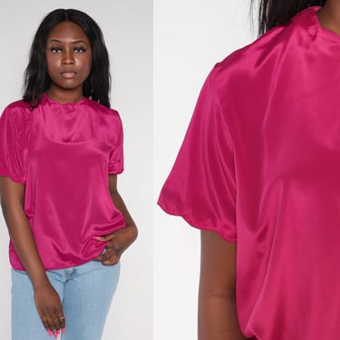 Fuchsia Pink Shirt 90s Bright Short Sleeve Scalloped Top Simple Blouse Basic Solid Bright Light Spring Girly Plain Vintage 1990s Medium M 