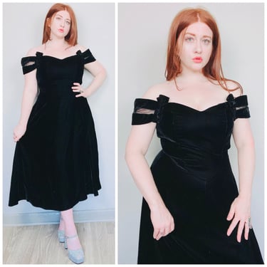 1990s Vintage Moda Int'l Black Velvet Dress / 90s Off Shoulder Sheer Inlay Bow Party Gown / Size Medium 