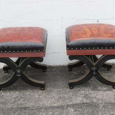 Hollywood Regency Painted Leather Vanity Ottomans Footstools a Pair 5197