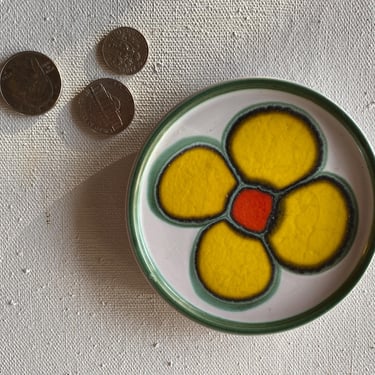 Mid Century Modern Otagiri Trinket Dish, Flower Power, Yellow With Orange Center, Aqua And Green, Groovy 