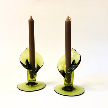 Green Glass Calla Lily Candle Holders by Cambridge Glass - Set of 2 