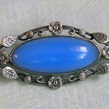 Antique Sterling  and Blue Glass Brooch, Sterling Arts and Craft Brooch Pin, C Clasp Jewelry, Victorian Pin (#4555) 