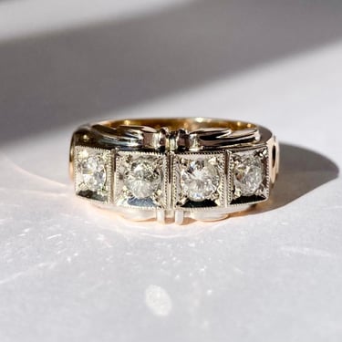 Late Art Deco 14K Gold Diamond 4 Stone Band Engagement Ring ~60 Pts Sz 7 6.5g 