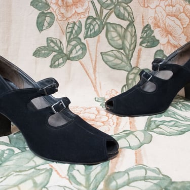 1940s Shoes - Size 8 N - Vintage 40s Jet Black Suede Mary Jane Heels with Double Straps and a Perfect Peeptoe by I. Miller 