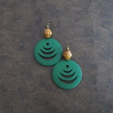 Carved wooden earrings, ethnic earrings, tribal earrings, bold green earrings, Afrocentric earrings, African earrings, statement earrings 