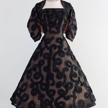 Dramatic 1950's Black Grosgrain Ribbon Soutache Evening Dress With Bolero Jacket / SM